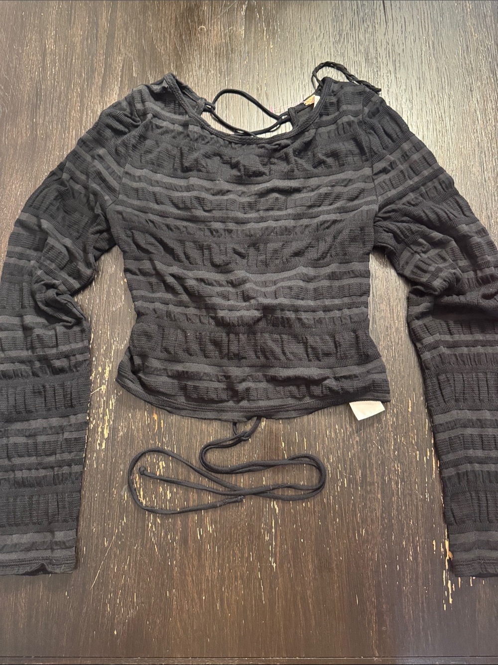 Free People Black Textured Long Sleeve Crop Top with Back Tie